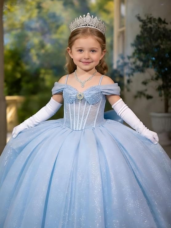 Sunnypetal Off-Shoulder Sweetheart Glitter Tulle Flower Girl Dress with Pearls Bow