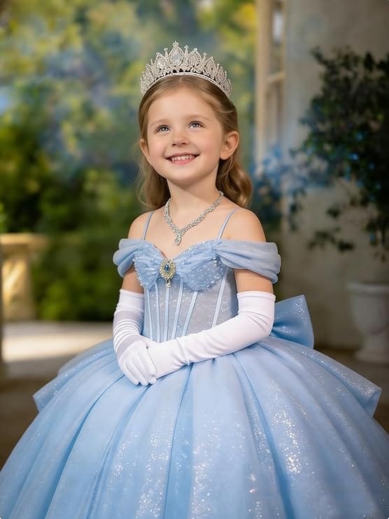 Sunnypetal Off-Shoulder Sweetheart Glitter Tulle Flower Girl Dress with Pearls Bow
