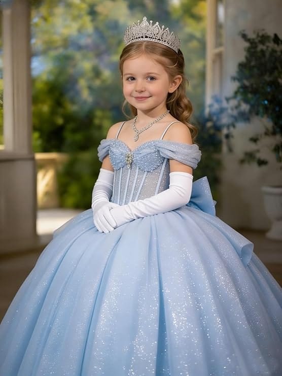 Sunnypetal Off-Shoulder Sweetheart Glitter Tulle Flower Girl Dress with Pearls Bow