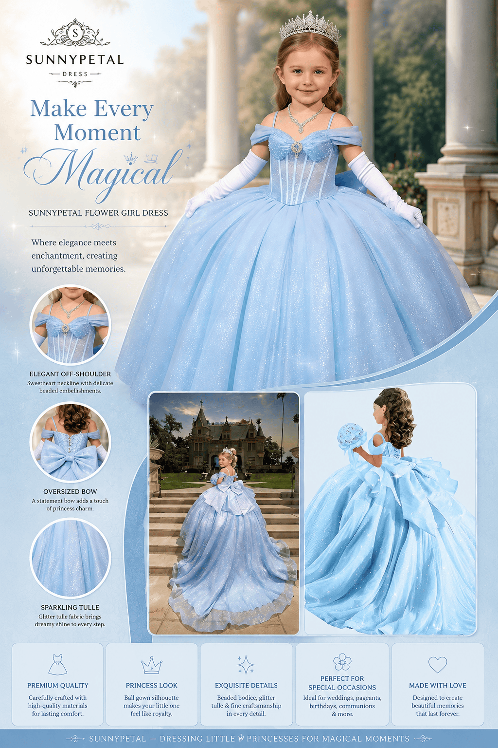Sunnypetal Off-Shoulder Sweetheart Glitter Tulle Flower Girl Dress with Pearls Bow