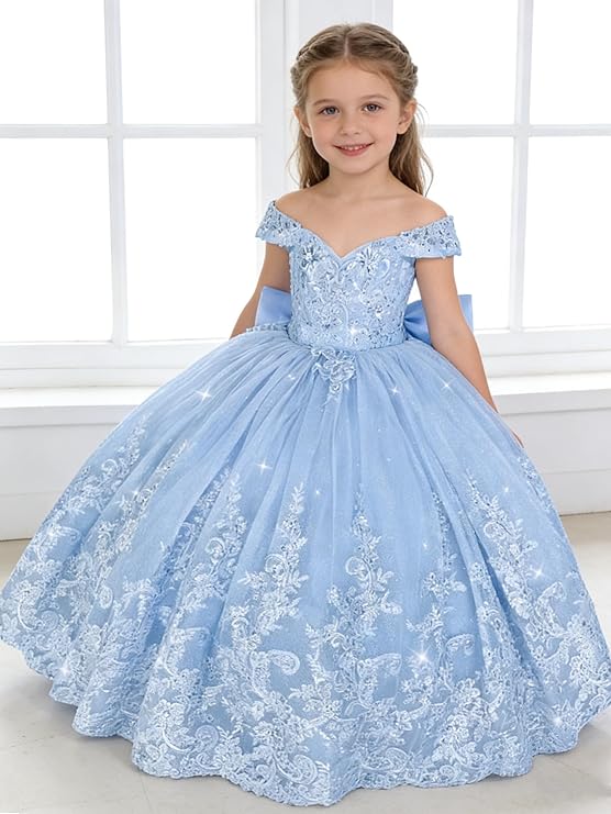 Sunnypetal Off Shoulder Sweetheart Lace Tulle Flower Girl Pageant Dress with Bow