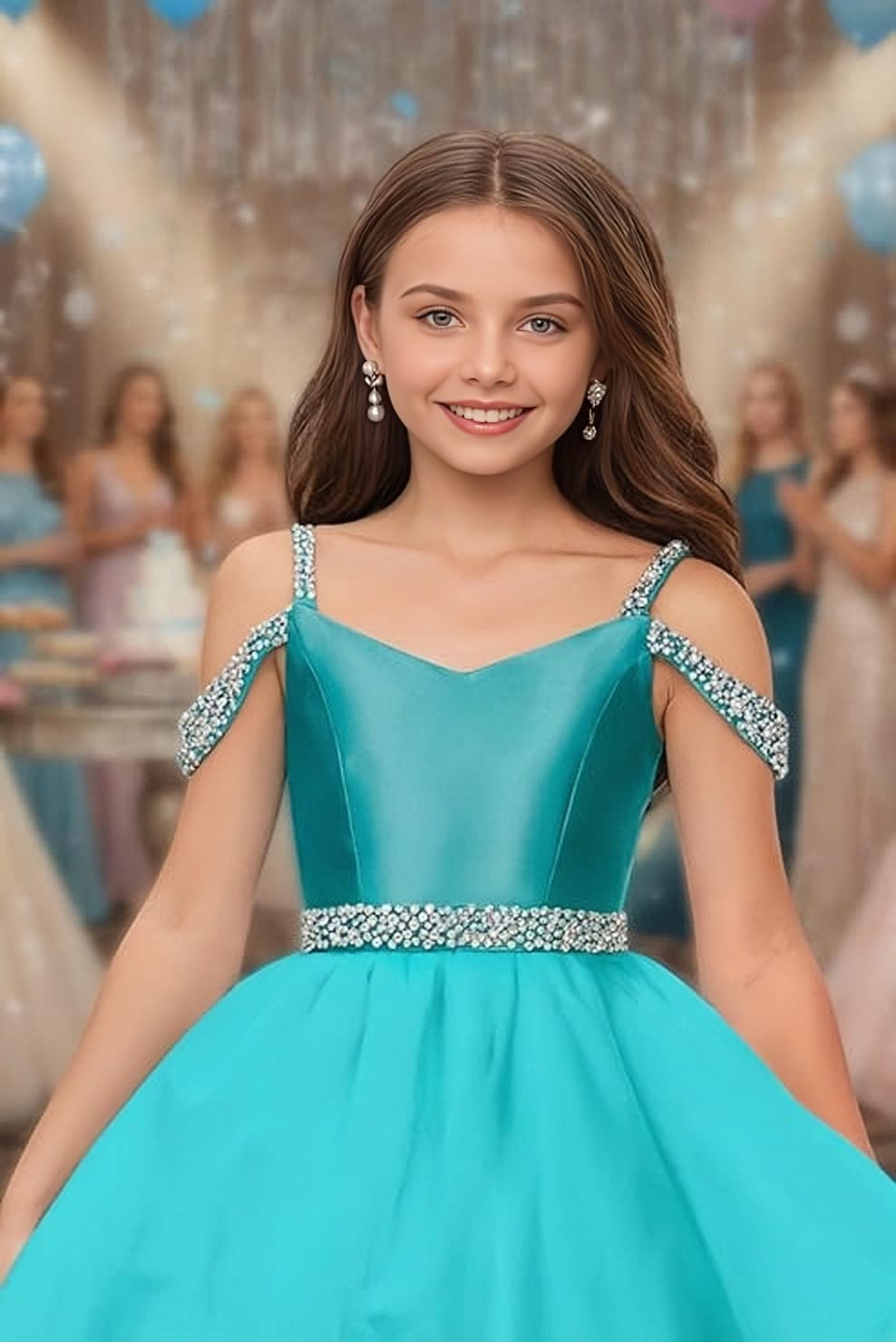 Sunnypetal Off-Shoulder Sweetheart Puffy Tulle Flower Girl Dress with Beaded Details