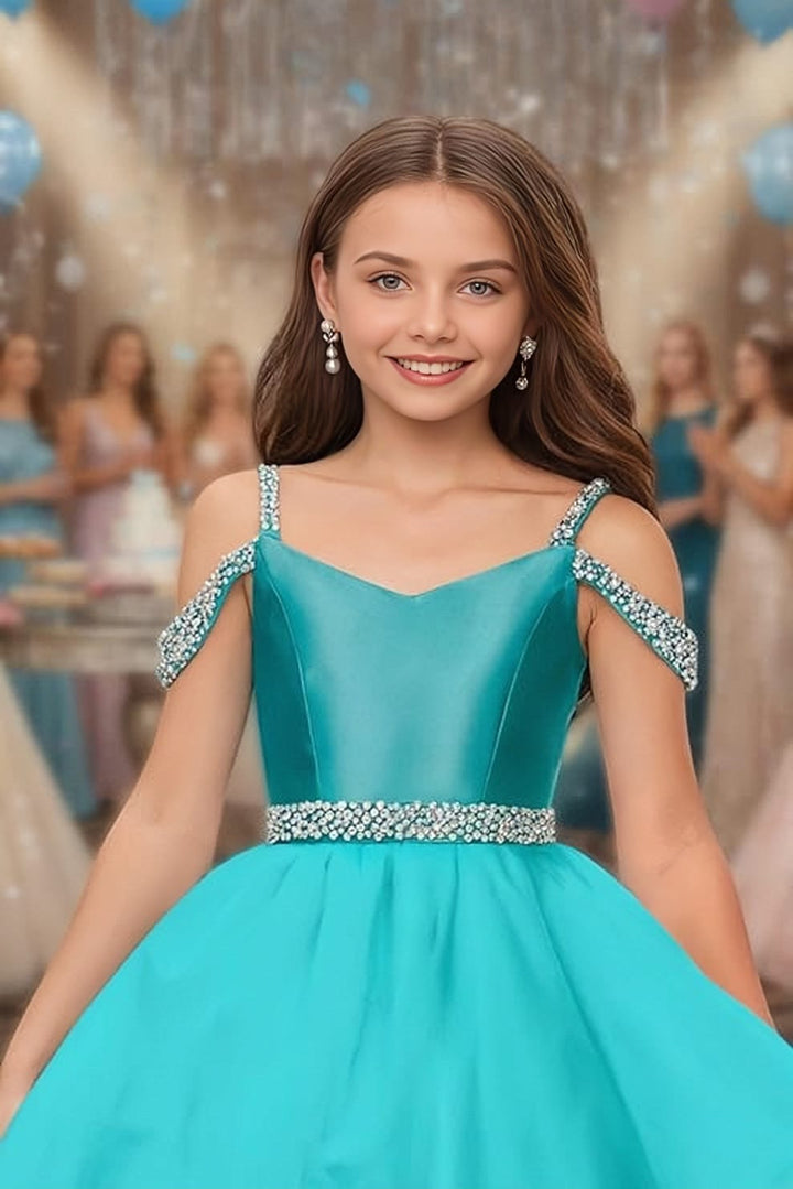 Sunnypetal Off-Shoulder Sweetheart Puffy Tulle Flower Girl Dress with Beaded Details