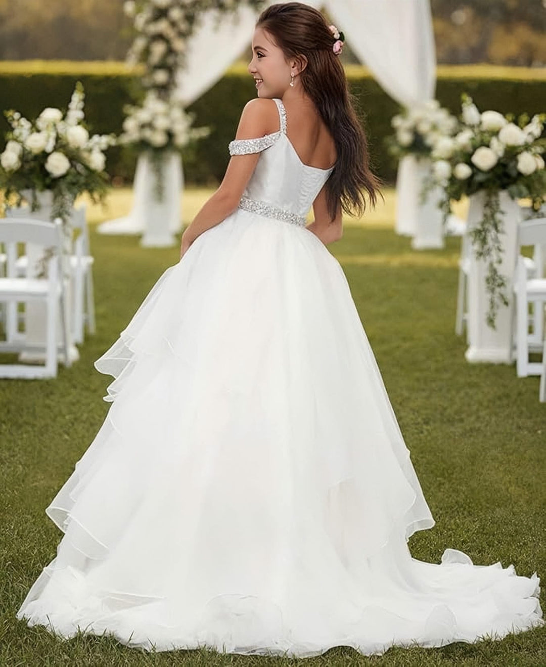 Sunnypetal Off-Shoulder Sweetheart Puffy Tulle Flower Girl Dress with Beaded Details