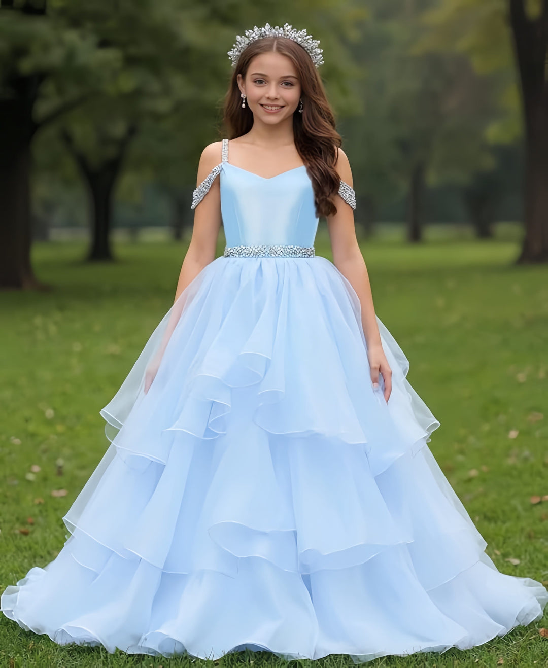 Sunnypetal Off-Shoulder Sweetheart Puffy Tulle Flower Girl Dress with Beaded Details