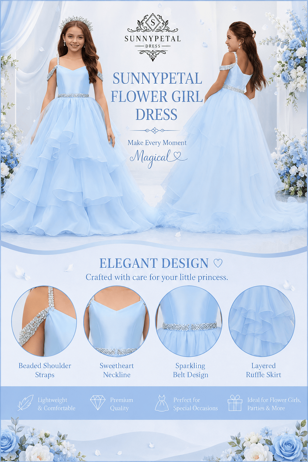 Sunnypetal Off-Shoulder Sweetheart Puffy Tulle Flower Girl Dress with Beaded Details