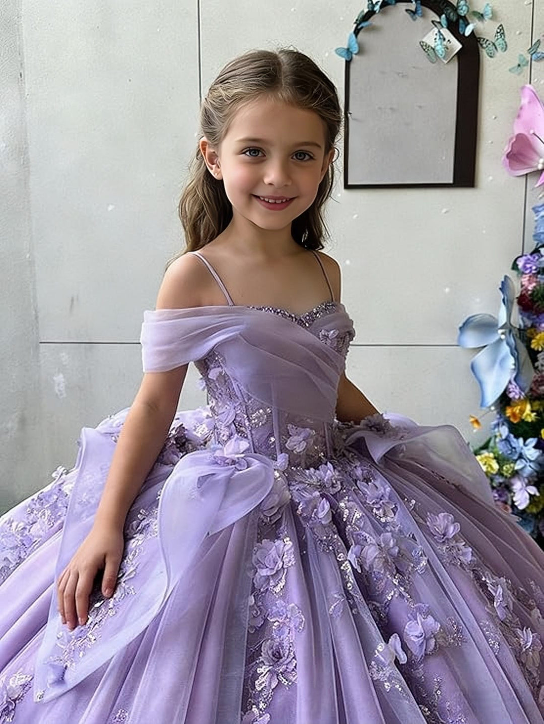 Sunnypetal Off-Shoulderl 3D Lace Appliqué Tiered Ruffle Flower Girl Dress for Pageant