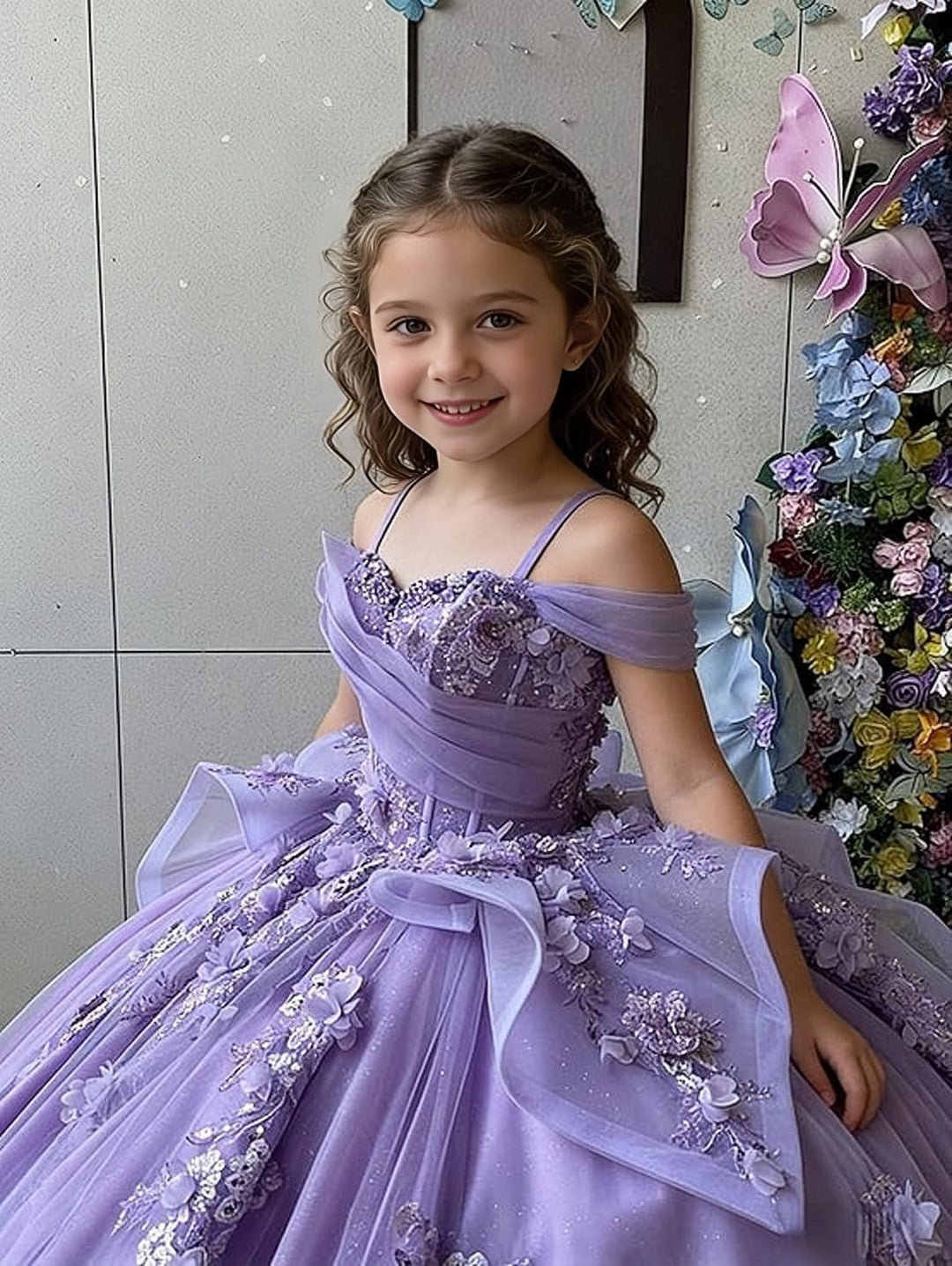 Sunnypetal Off-Shoulderl 3D Lace Appliqué Tiered Ruffle Flower Girl Dress for Pageant
