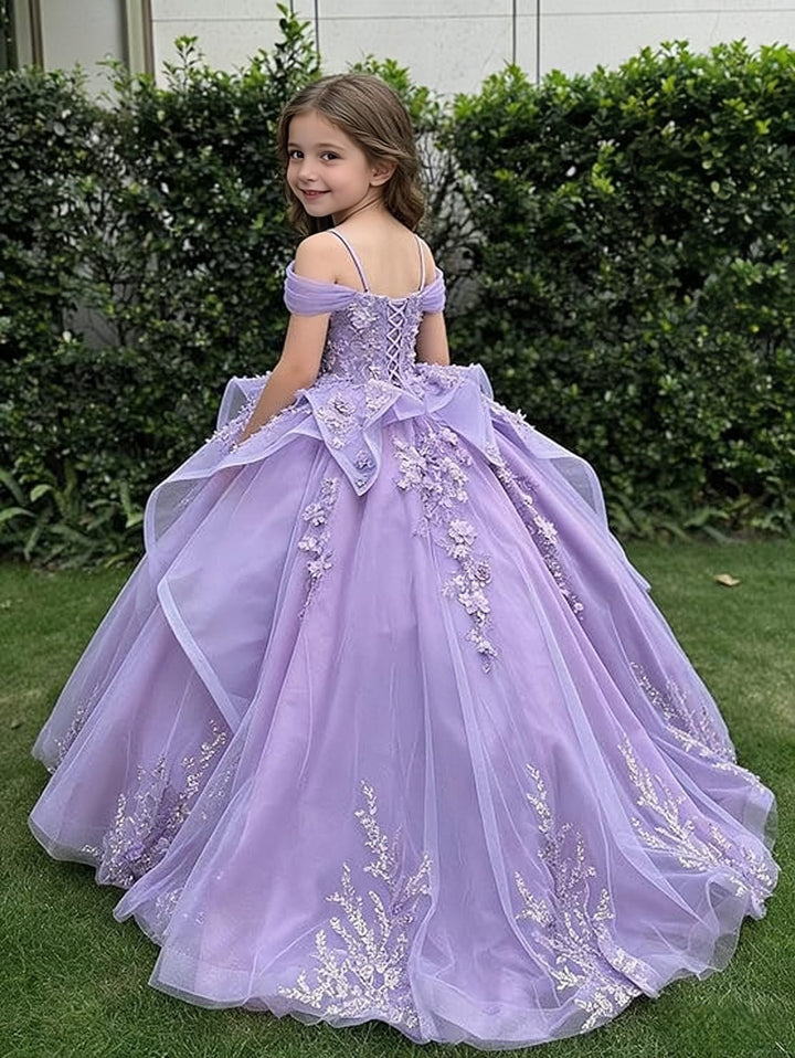 Sunnypetal Off-Shoulderl 3D Lace Appliqué Tiered Ruffle Flower Girl Dress for Pageant