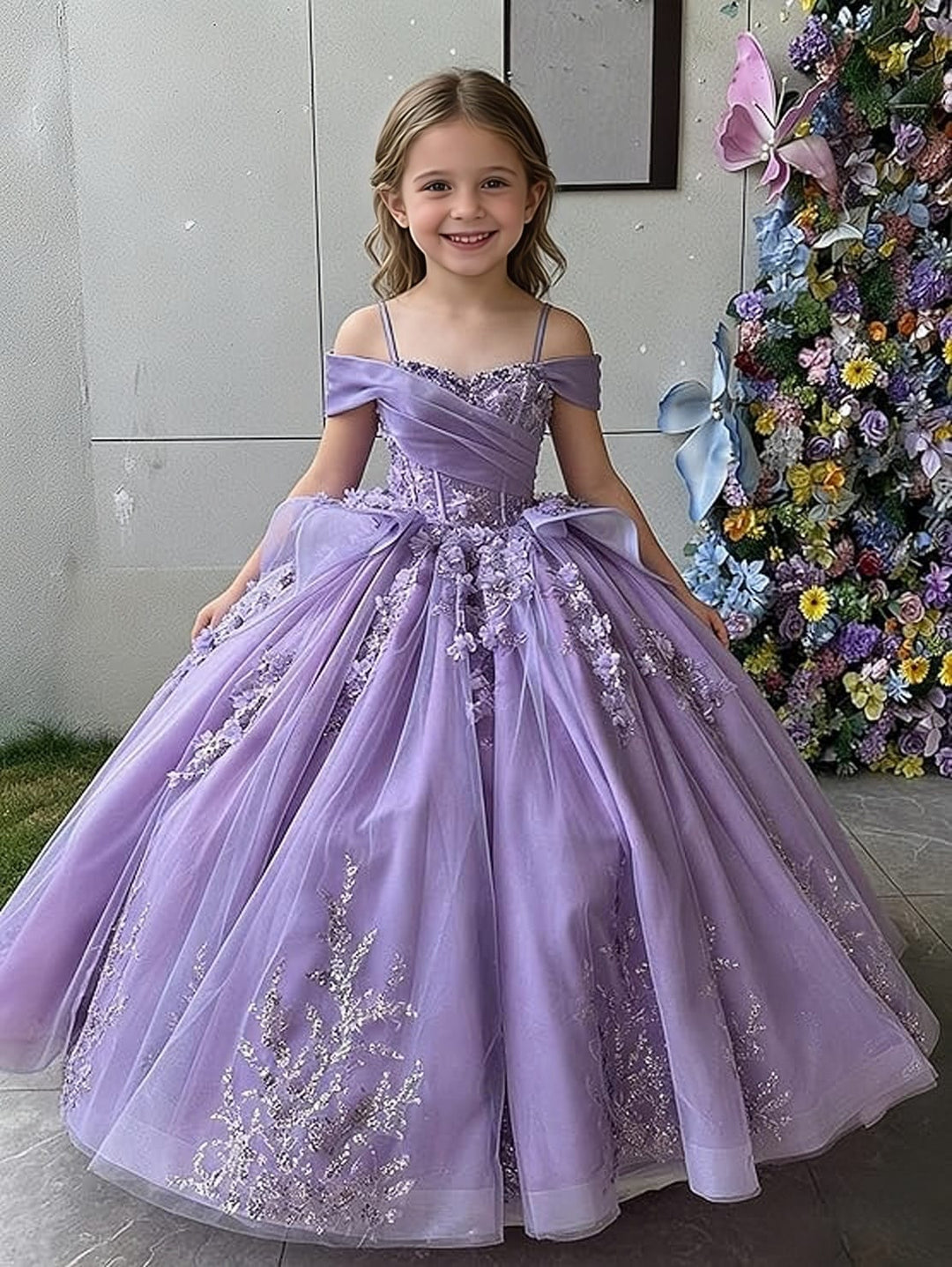 Sunnypetal Off-Shoulderl 3D Lace Appliqué Tiered Ruffle Flower Girl Dress for Pageant