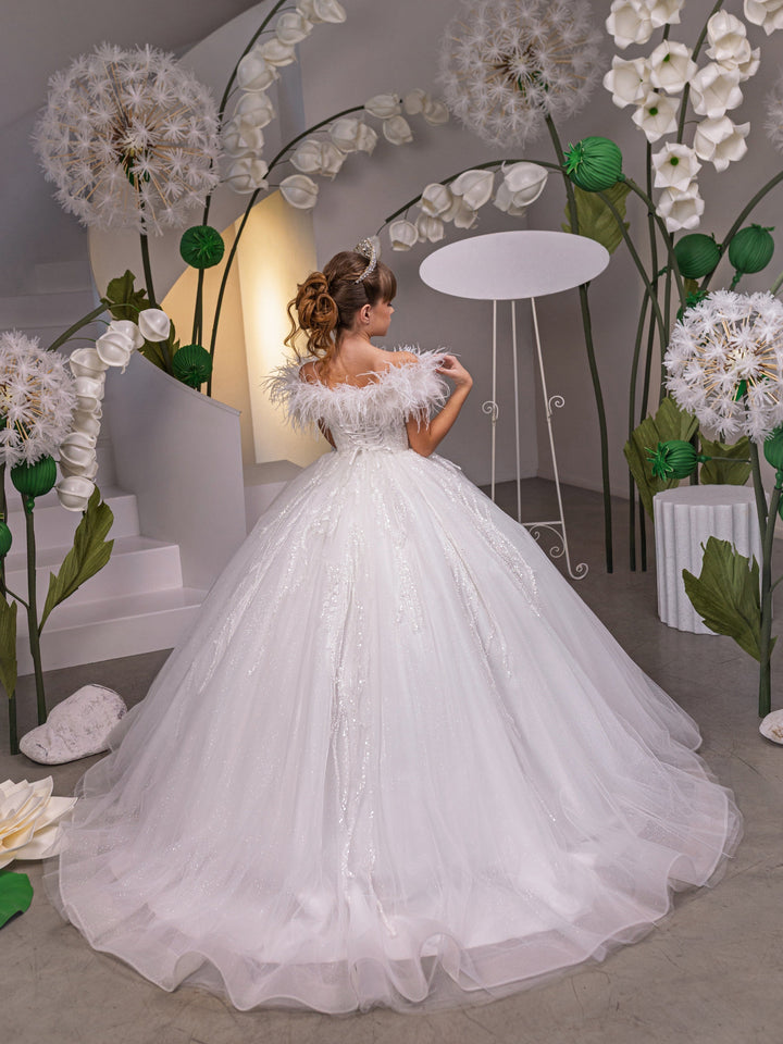 Sunnypetal Off-the-Shoulder Feather-Trimmed Tulle Flower Girl Dress with Sequins