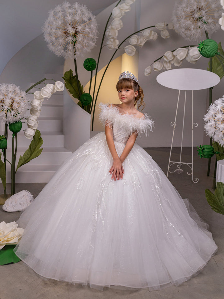 Sunnypetal Off-the-Shoulder Feather-Trimmed Tulle Flower Girl Dress with Sequins