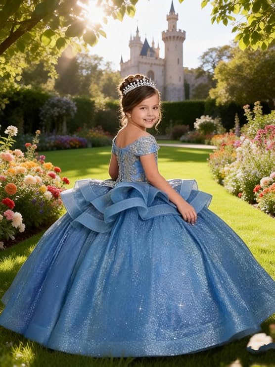 Sunnypetal Off-the-Shoulder Glitter Princess Flower Girl Dress with Lace Appliqués