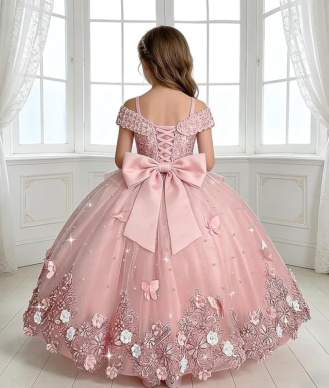 Sunnypetal Off-the-Shoulder Lace Appliqué Tulle Flower Girl Ball Gown with 3D Butterfly
