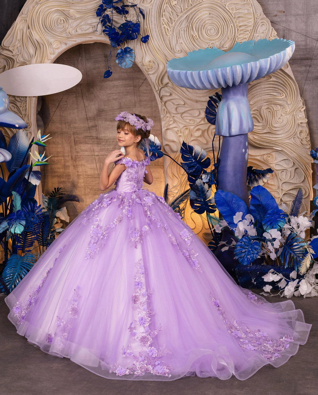 Sunnypetal Off-The-Shoulder Purple Appliques Sequins Tulle Floral Flower Girl Dresses With Train