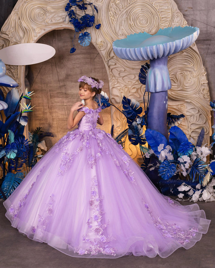 Sunnypetal Off-The-Shoulder Purple Appliques Sequins Tulle Floral Flower Girl Dresses With Train