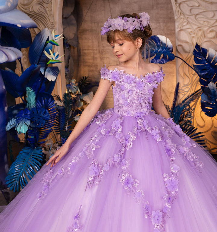 Sunnypetal Off-The-Shoulder Purple Appliques Sequins Tulle Floral Flower Girl Dresses With Train