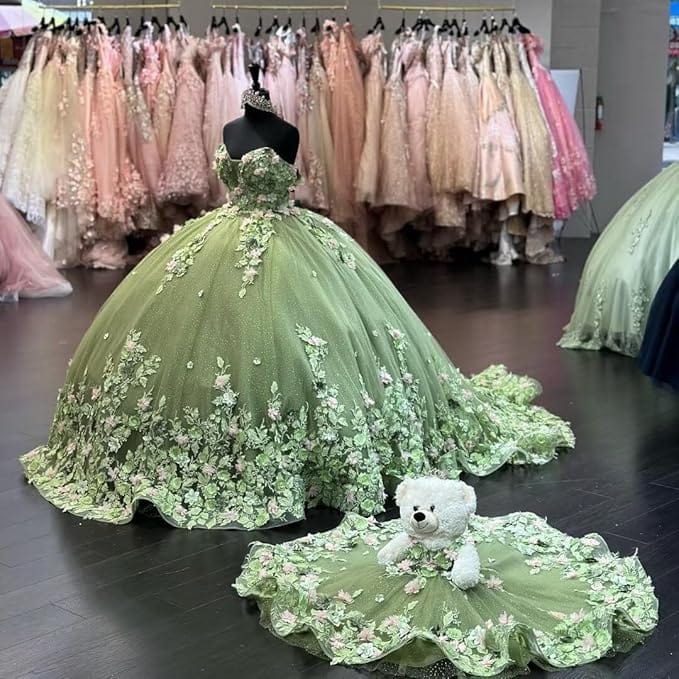 Sunnypetal Off-the-Shoulder V-Neck Glitter Tulle Ball-Gown with 3D Floral