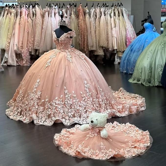 Sunnypetal Off-the-Shoulder V-Neck Glitter Tulle Ball-Gown with 3D Floral