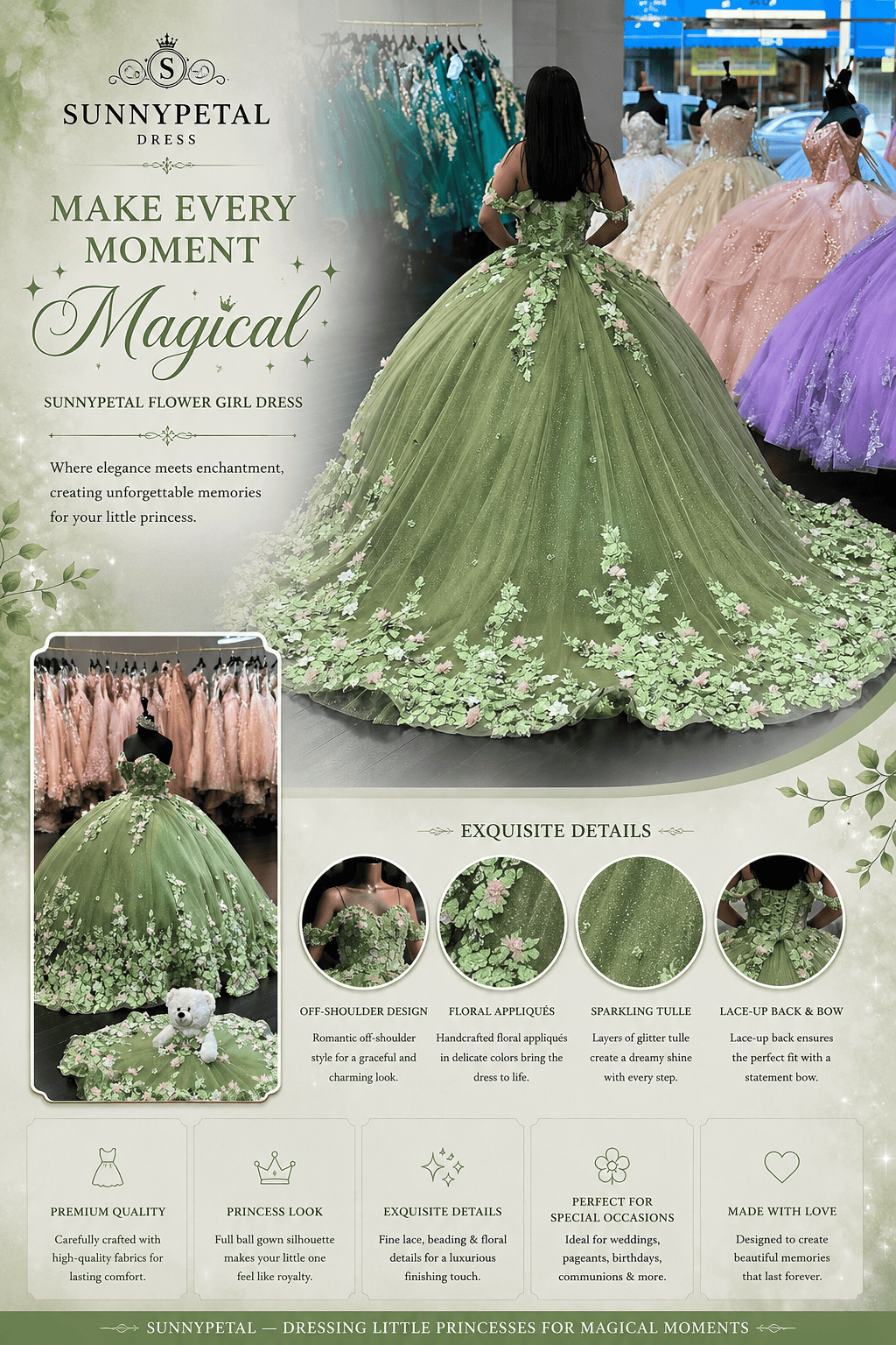 Sunnypetal Off-the-Shoulder V-Neck Glitter Tulle Ball-Gown with 3D Floral