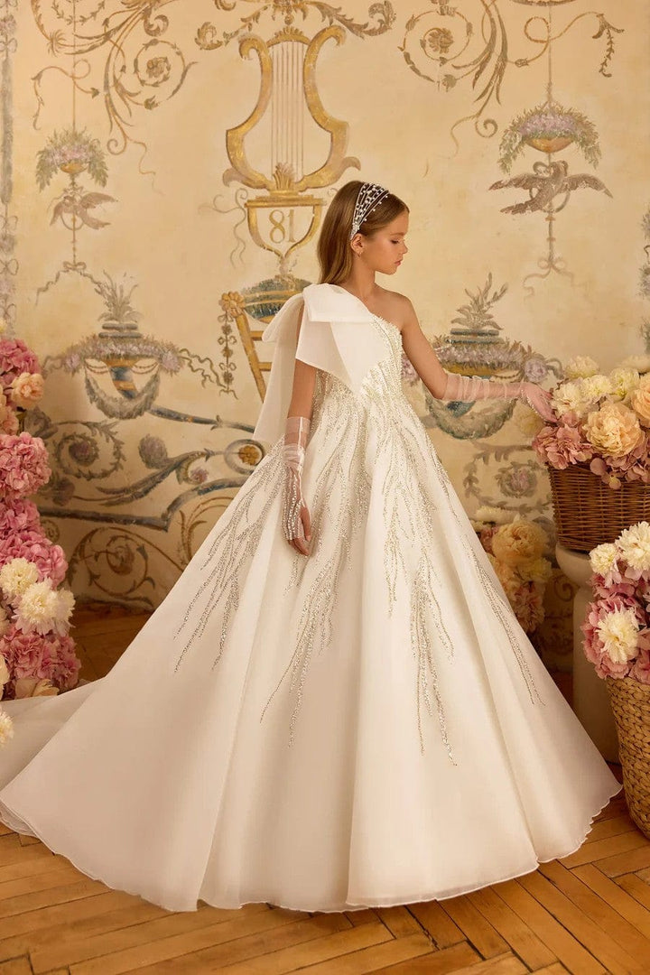 Sunnypetal One-Shoulder Bow Communion Dress with Sleeves and Sparkling Beads
