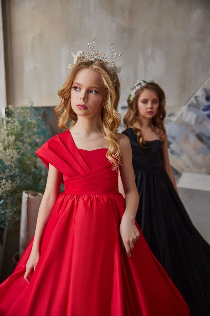 Sunnypetal One-Shoulder Pleated Sleeve Long Princess Satin Ball Gown for Girls
