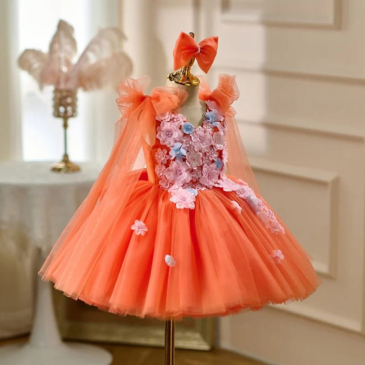 Sunnypetal Orange V-Neck 3D Floral Tulle Princess Flower Girl Dress