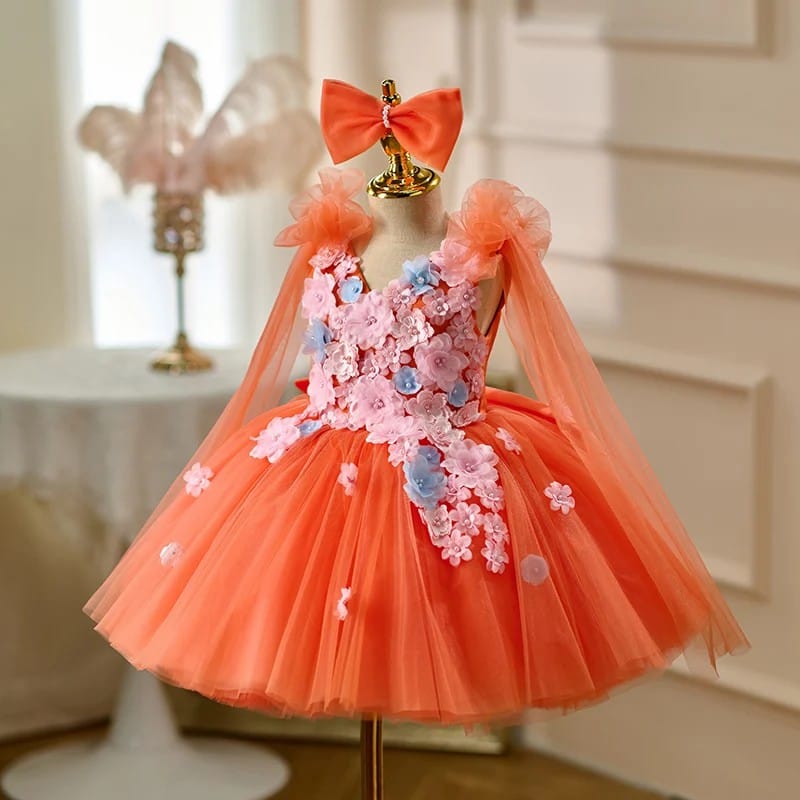 Sunnypetal Orange V-Neck 3D Floral Tulle Princess Flower Girl Dress