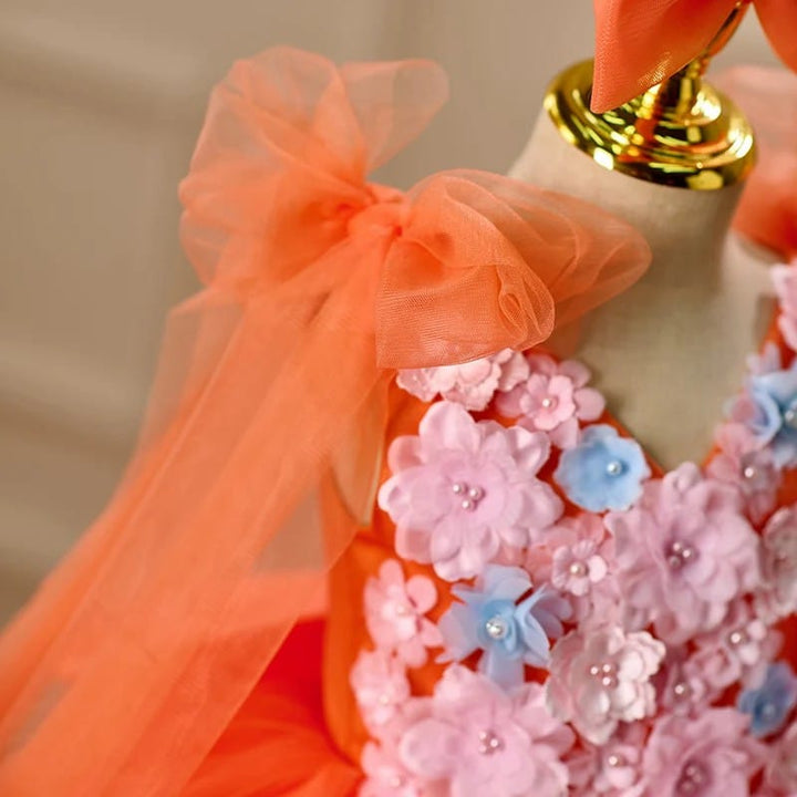 Sunnypetal Orange V-Neck 3D Floral Tulle Princess Flower Girl Dress