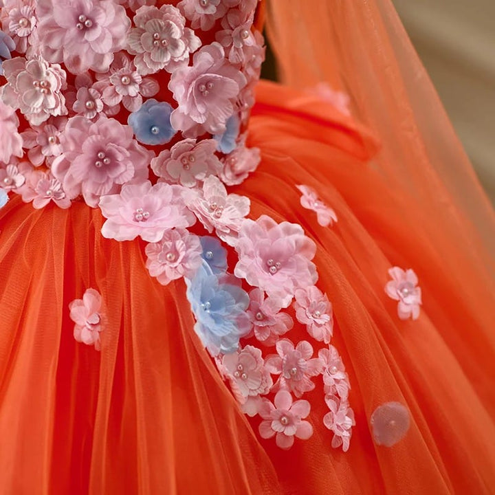 Sunnypetal Orange V-Neck 3D Floral Tulle Princess Flower Girl Dress
