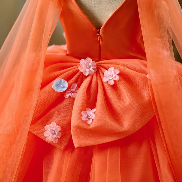 Sunnypetal Orange V-Neck 3D Floral Tulle Princess Flower Girl Dress