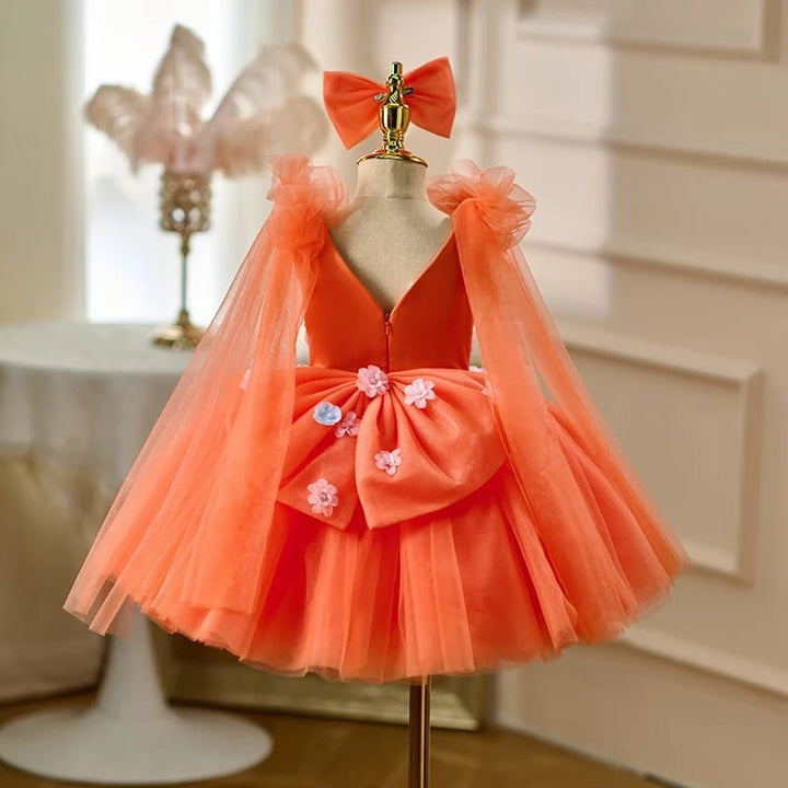 Sunnypetal Orange V-Neck 3D Floral Tulle Princess Flower Girl Dress