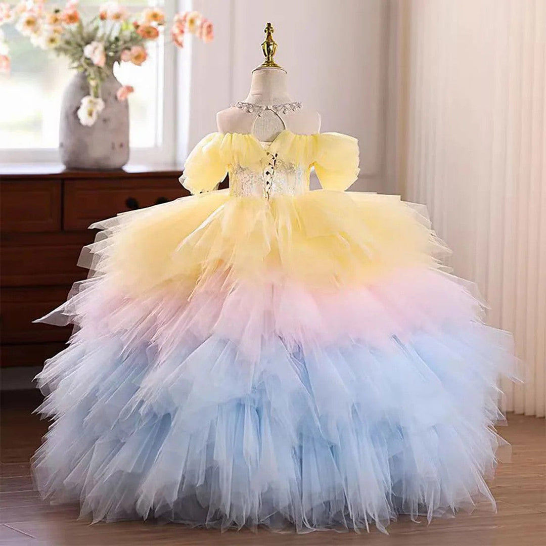 Sunnypetal Pastel Rainbow Off-the-Shoulder Layered Tulle Princess Flower Girl Dress