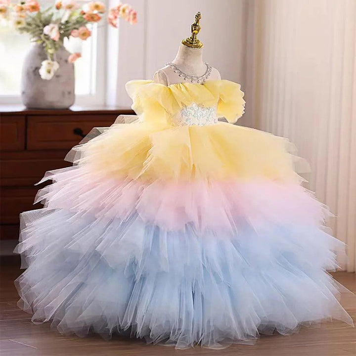 Sunnypetal Pastel Rainbow Off-the-Shoulder Layered Tulle Princess Flower Girl Dress