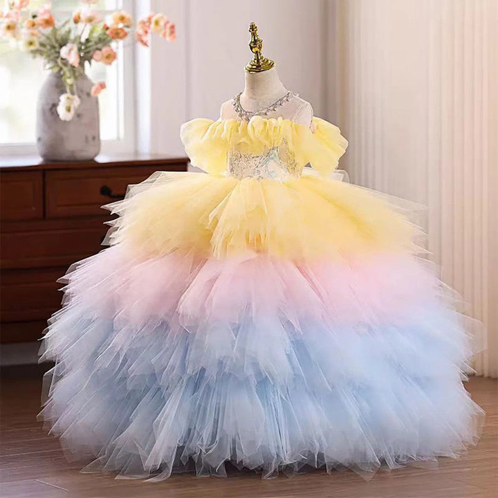 Sunnypetal Pastel Rainbow Off-the-Shoulder Layered Tulle Princess Flower Girl Dress