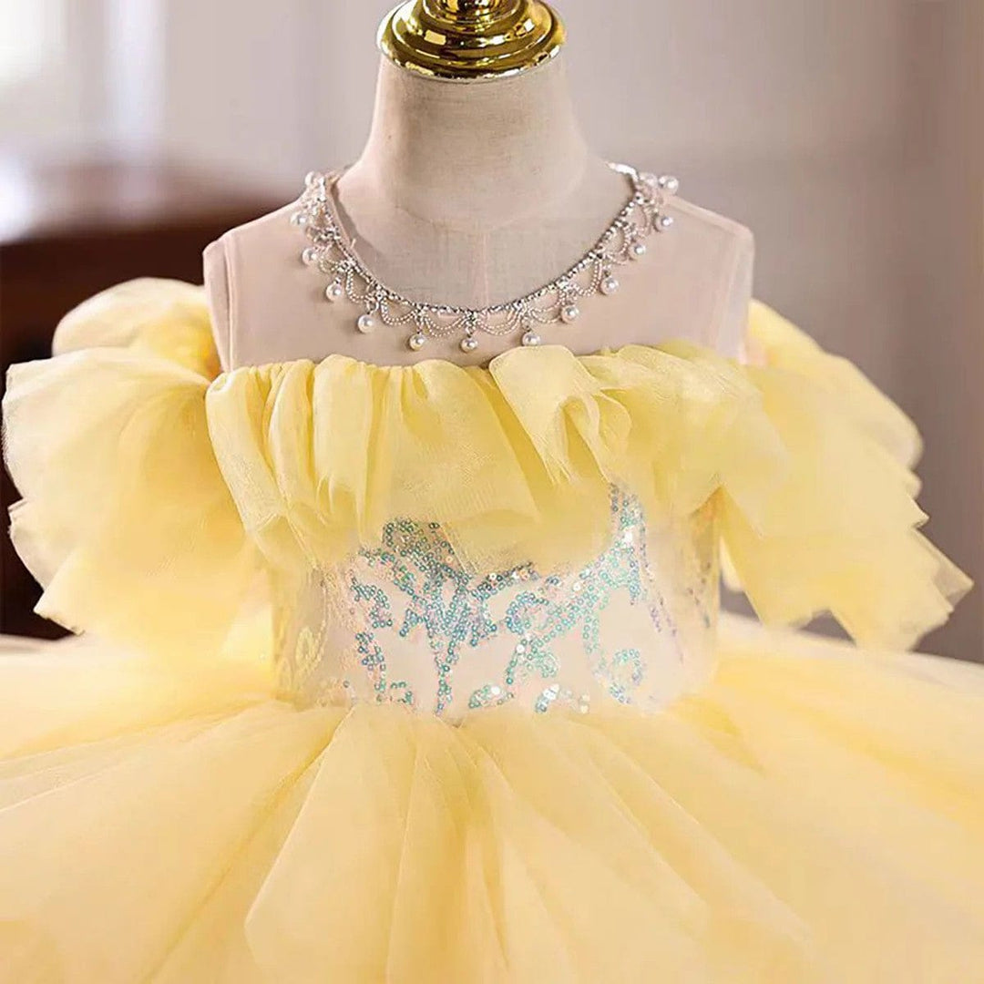 Sunnypetal Pastel Rainbow Off-the-Shoulder Layered Tulle Princess Flower Girl Dress