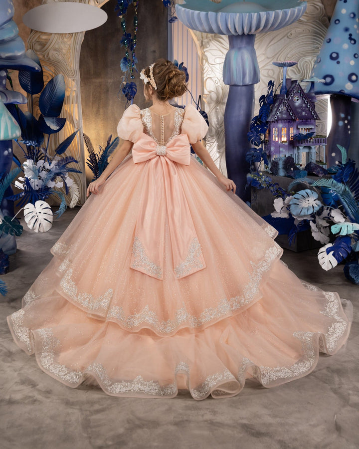 Sunnypetal Peach Glitter Tulle Princess Flower Girl Dress with Puff Sleeves &amp; Lace Trim