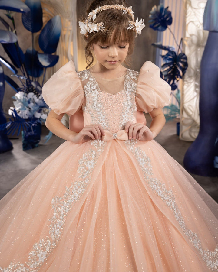 Sunnypetal Peach Glitter Tulle Princess Flower Girl Dress with Puff Sleeves &amp; Lace Trim