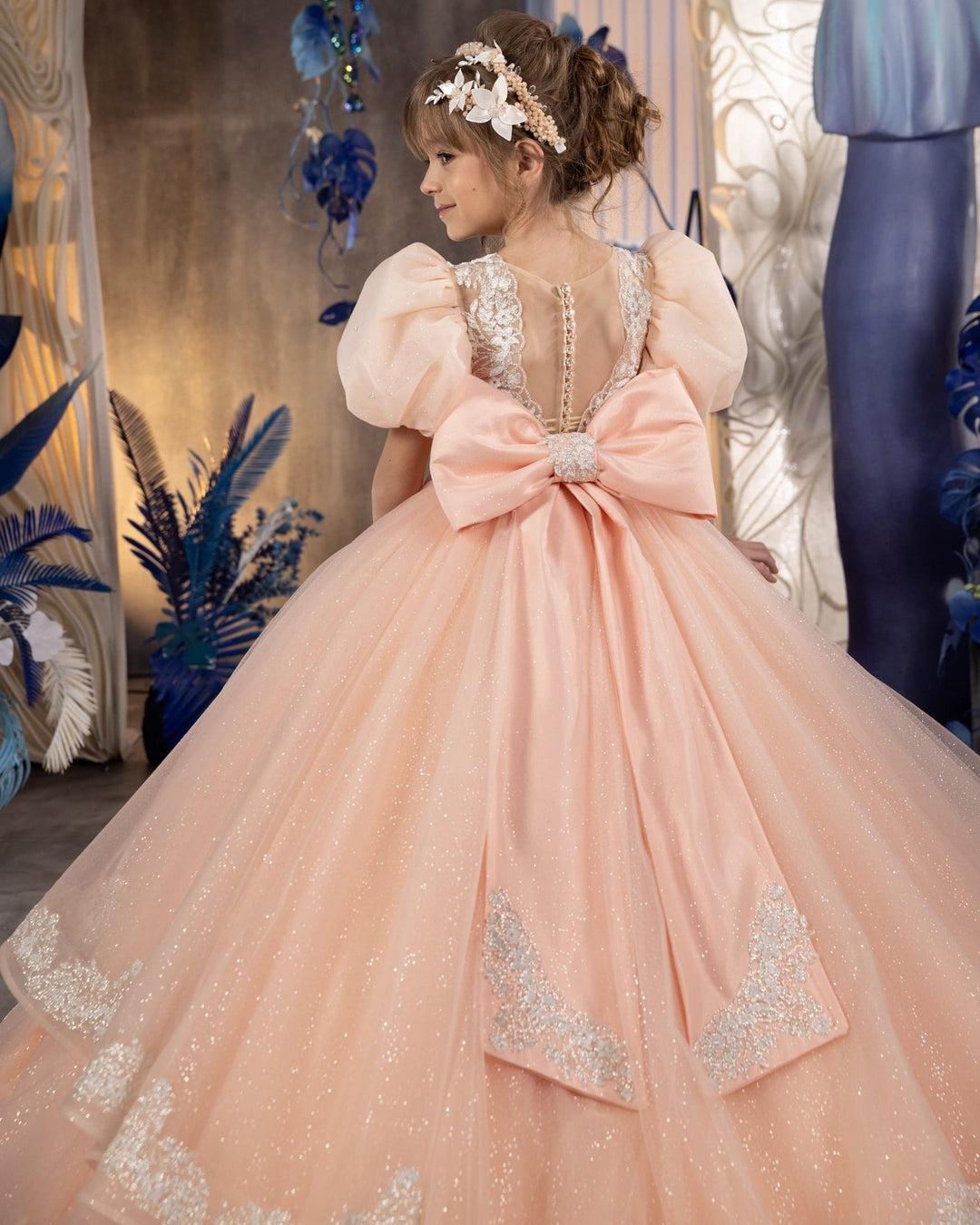 Sunnypetal Peach Glitter Tulle Princess Flower Girl Dress with Puff Sleeves &amp; Lace Trim