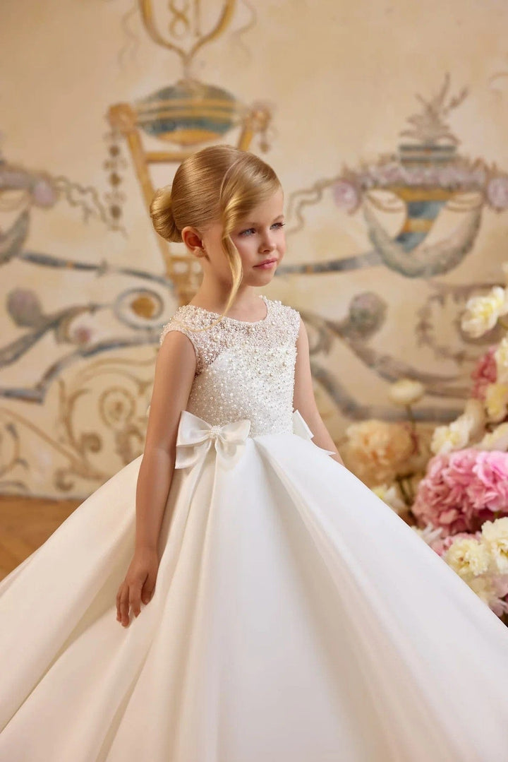 Sunnypetal Pearl-Embellished Ball Gown Flower Girl Dress with Satin Bow