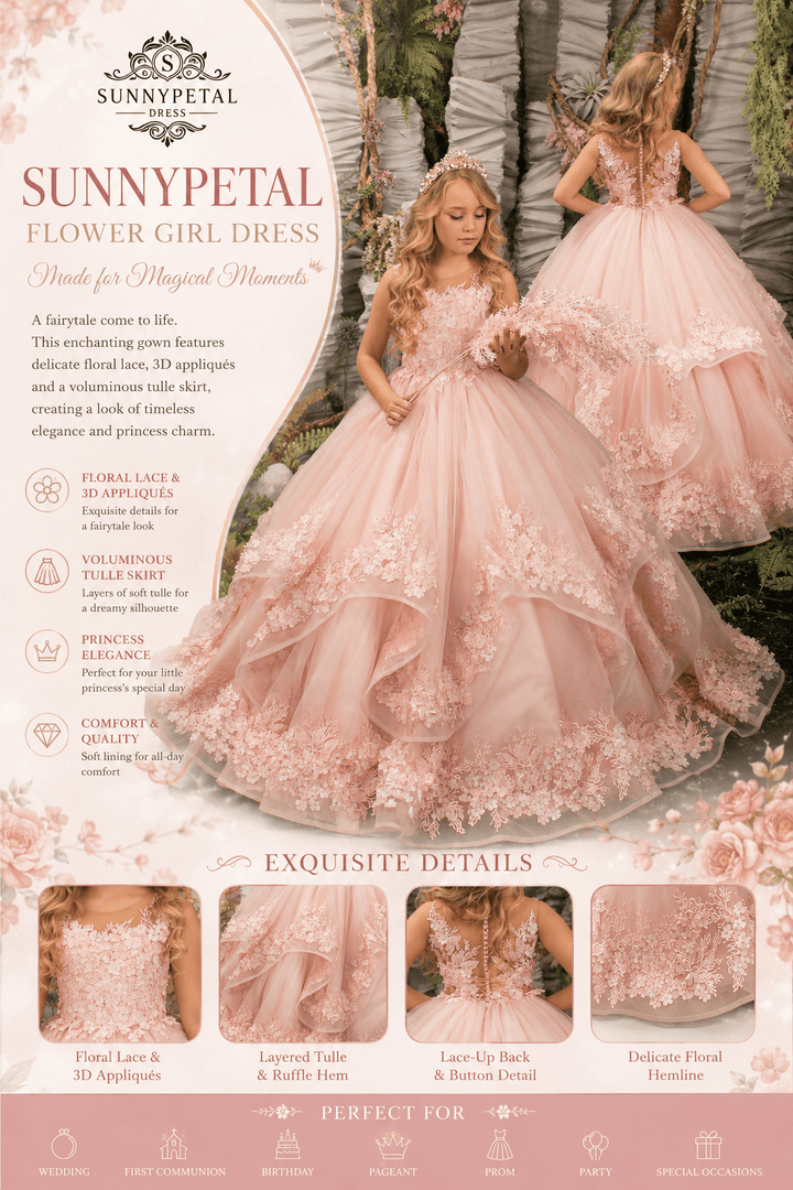 Sunnypetal Pink Floral Lace Appliques Flower Girl Dress Birthday Party Princess Gown