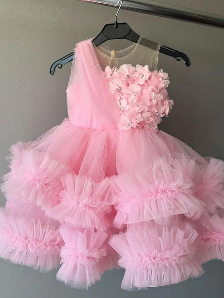 Sunnypetal Pink Illusion Neckline Sleeveless Tulle Ball Gown Flower Girl Dress