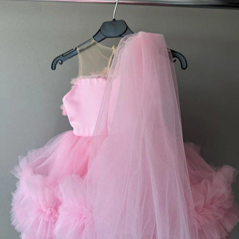 Sunnypetal Pink Illusion Neckline Sleeveless Tulle Ball Gown Flower Girl Dress