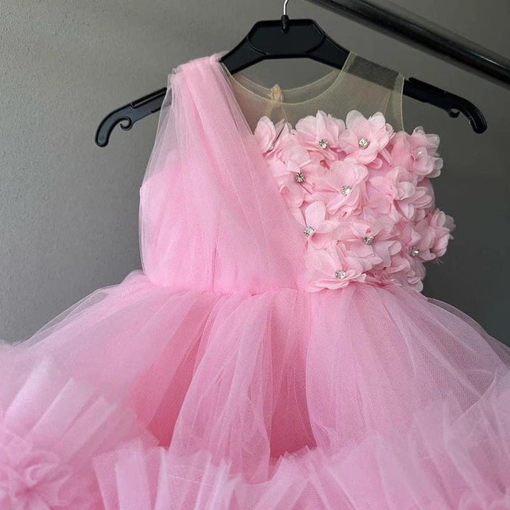 Sunnypetal Pink Illusion Neckline Sleeveless Tulle Ball Gown Flower Girl Dress