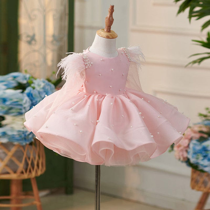 Sunnypetal Pink Long Sleeves Feathers Knee-Length Flower Girl Dresses with Bow