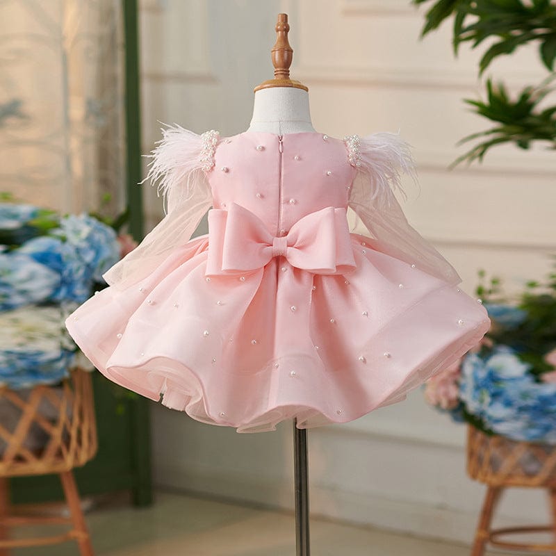 Sunnypetal Pink Long Sleeves Feathers Knee-Length Flower Girl Dresses with Bow
