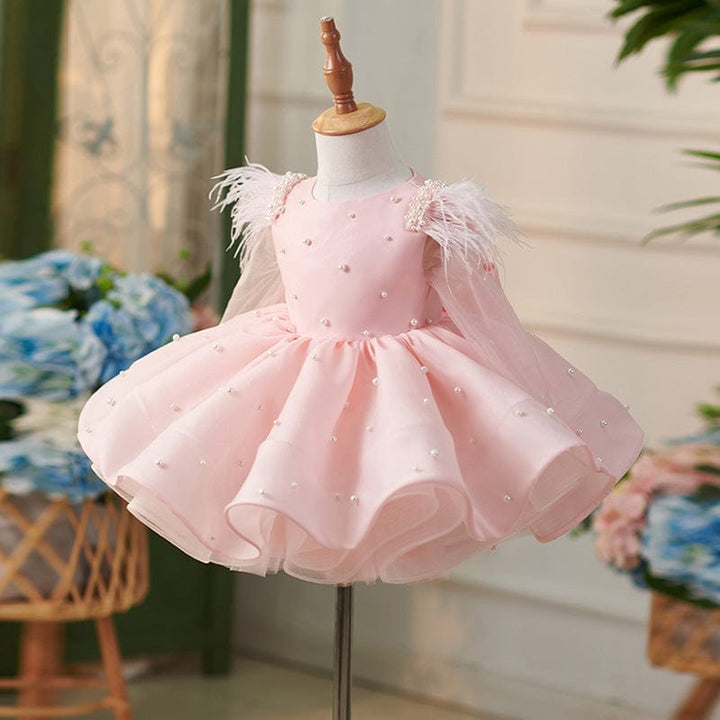 Sunnypetal Pink Long Sleeves Feathers Knee-Length Flower Girl Dresses with Bow