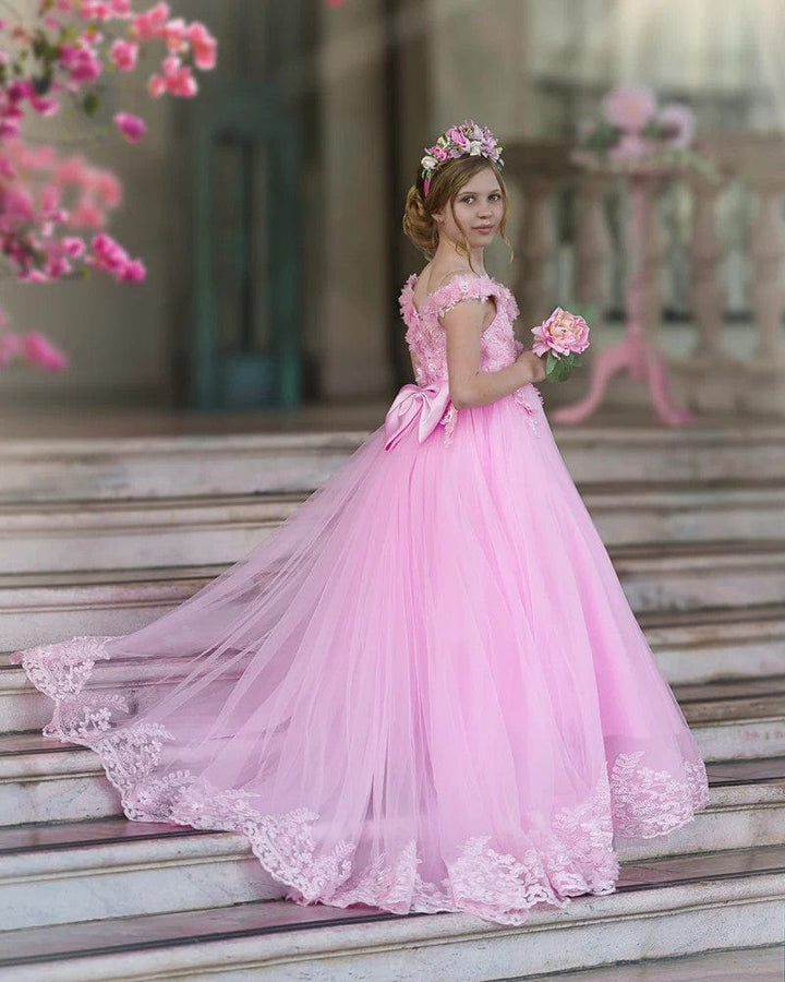 Sunnypetal Pink Princess Flower Girl Dress Lace Appliques Girl Birthday Pageant Dance Dress