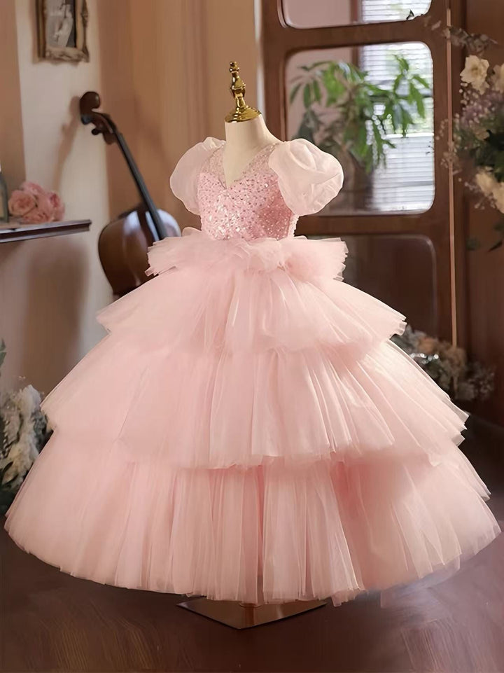 Sunnypetal Pink Puff Sleeves Tiered Tulle Princess Flower Girl Dress with Sequin and Beaded