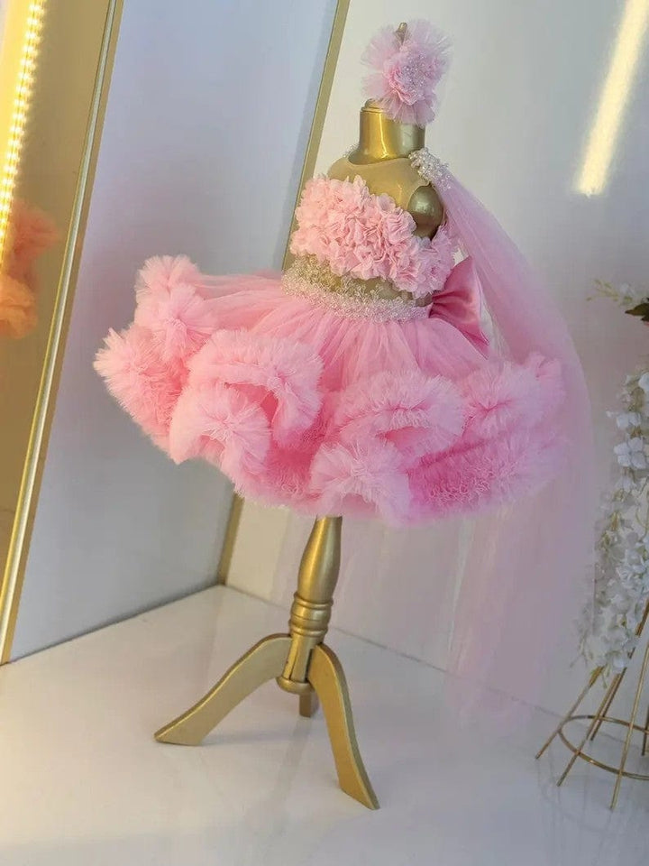 Sunnypetal Pink Puffy Ruffles Tulle Baby Girl First Birthday Pageant Dress